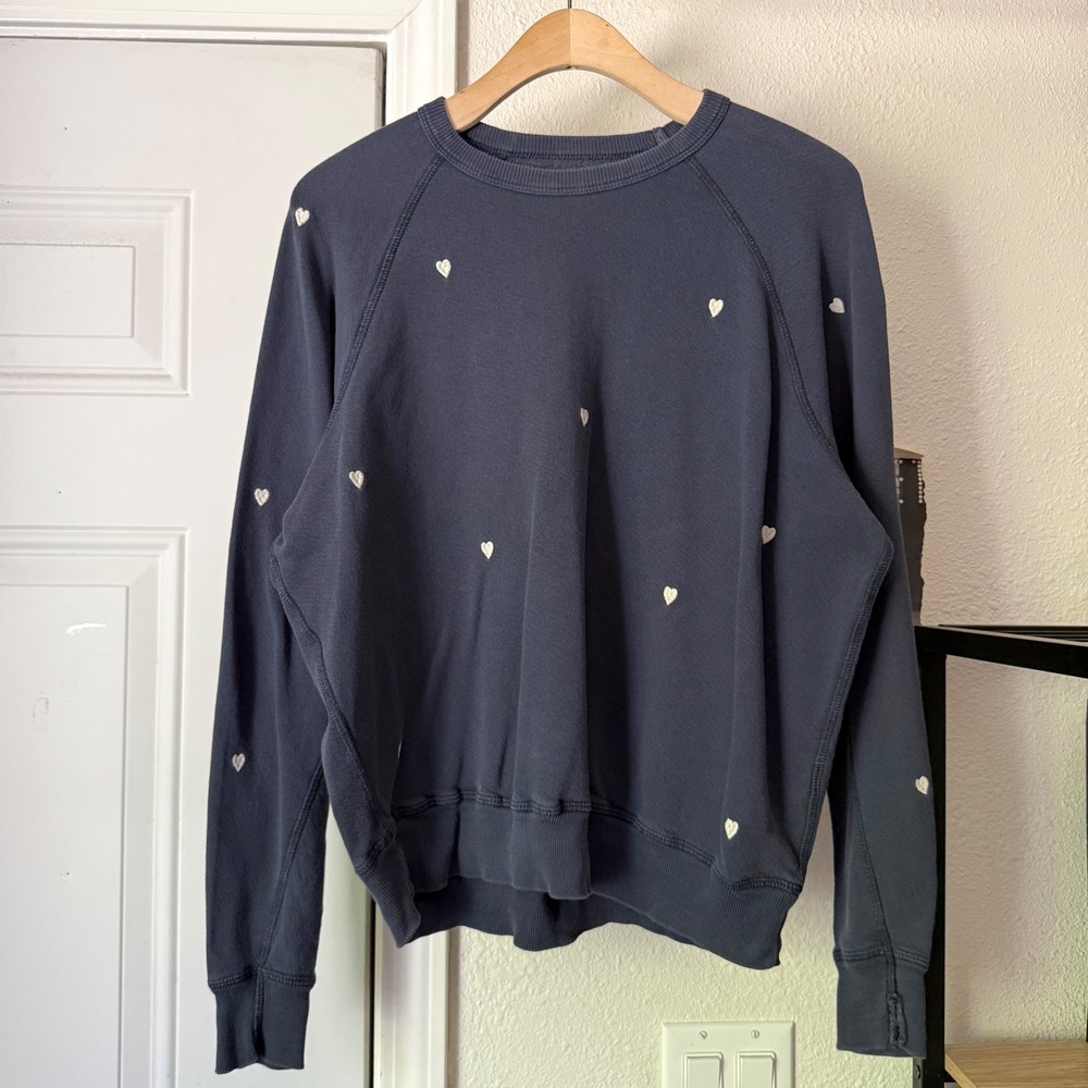 THE GREAT. navy blue white heart embroidered cotton raglan boxy pullover sweater